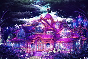 pink house with garden digital wallpaper, anime, mansions