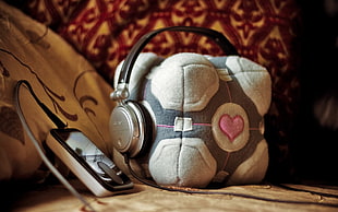 gray corded headphones, Portal (game), Aperture Laboratories, Companion Cube, headphones