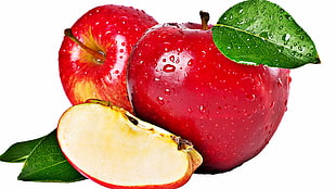 red and white heart shape decor, apples, fruit, water drops, white background