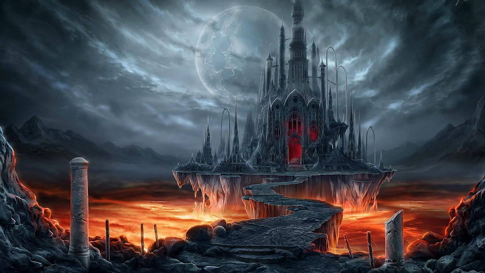 castle illustration, Doomsday Castle, fantasy art, lava HD wallpaper