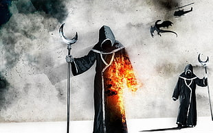 man wearing hood and holding crescent moon rod digital wallpaper, dark, dragon, Magicka, fantasy art HD wallpaper