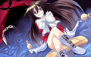 female anime character wearing white and red bow-accent dress