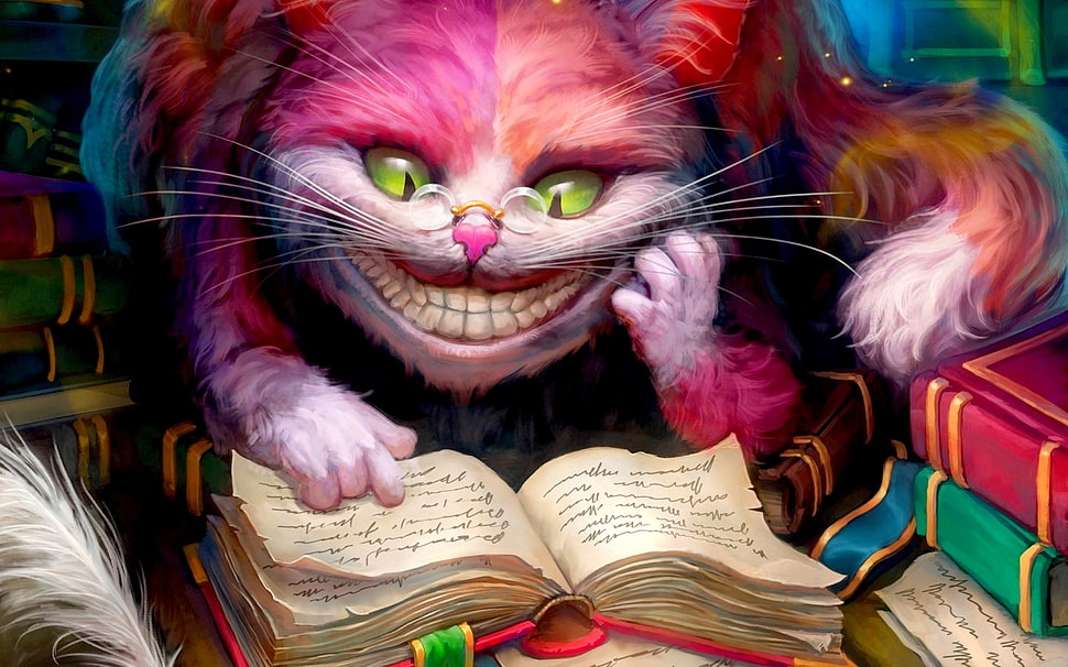 multicolored cat reading book illustration, Alice in Wonderland, Cheshire Cat, books, smiling HD wallpaper