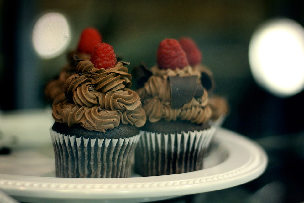 cupcake with cake food on round white plate HD wallpaper