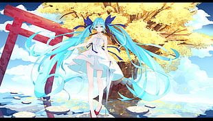blue haired female anime character screenshot, Hatsune Miku, Vocaloid, dress, twintails