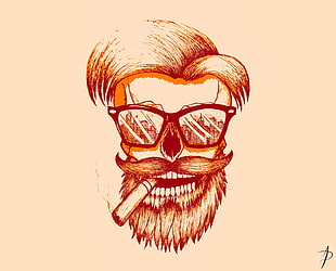 eyeglasses with black frame, skull, drawing, beards
