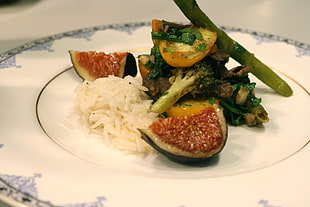white rice, broccoli, asparagus on plate