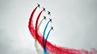 six jet planes, Aviation in France, military aircraft, aircraft, contrails