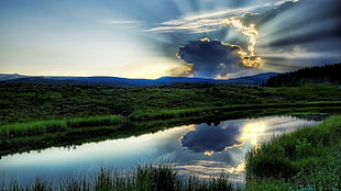 reflection photography of river under sunsett