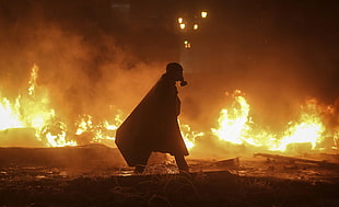 black gas mask, fire, lights, gas masks, riots HD wallpaper