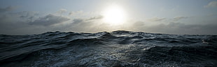 landscape photo of ocean, sea, waves, Sun, clouds