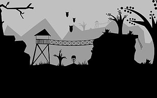 silhouette of bridge on rock formation to tower HD wallpaper