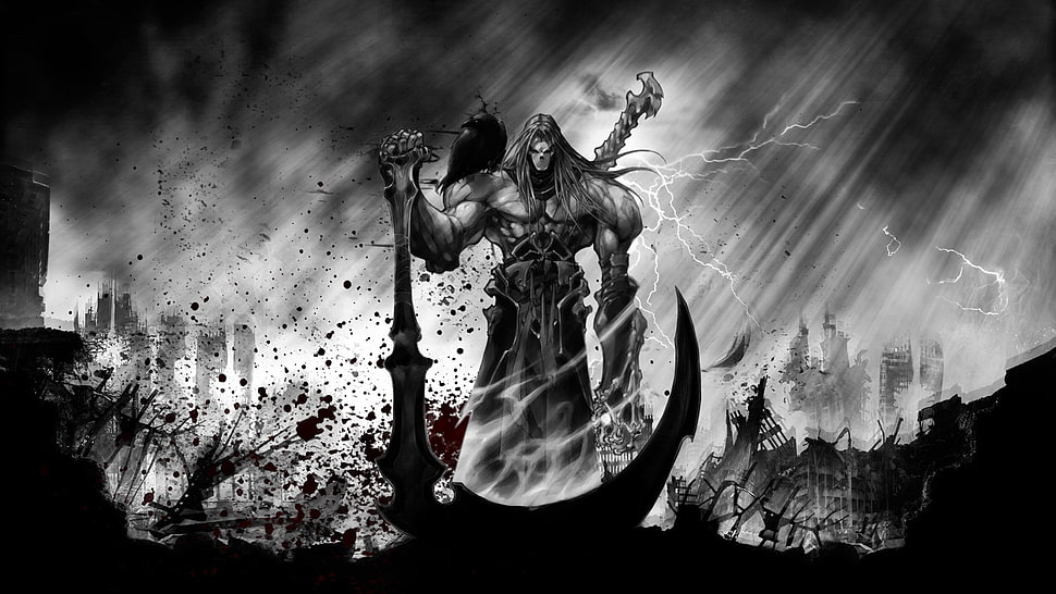 man standing while holding blade digital wallpaper, monochrome, death, digital art, Grim Reaper HD wallpaper