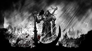 man standing while holding blade digital wallpaper, monochrome, death, digital art, Grim Reaper