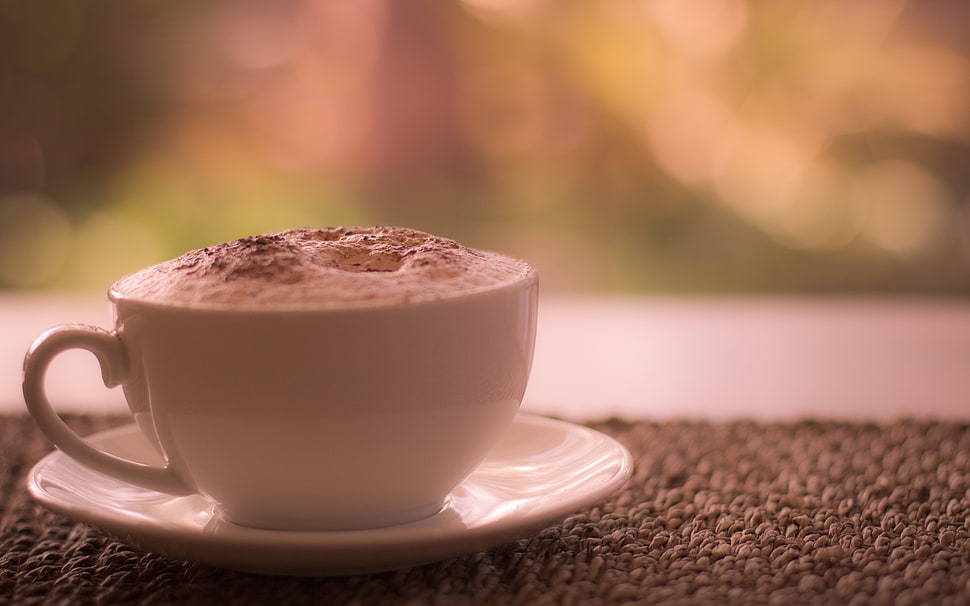 selective focus photography of white ceramic teacup filled with coffee on saucer HD wallpaper