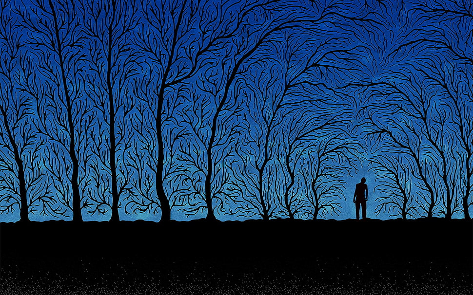 silhouette of man near trees painting HD wallpaper
