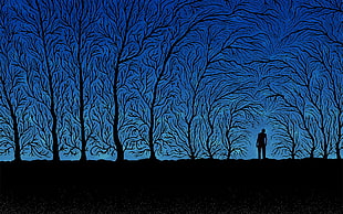 silhouette of man near trees painting HD wallpaper