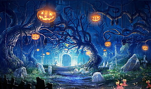 tree branches with pumpkin lanterns Halloween-themed painting