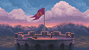 red flag on top of castle digital wallpaper, pixel art, Chasm