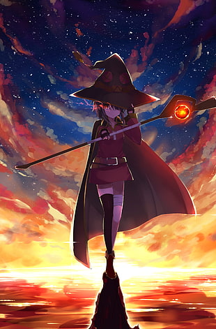 female mage anime character illustration, anime, anime girls, witch, hat HD wallpaper