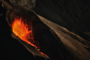 red lava, lava, mountains, volcano, smoke