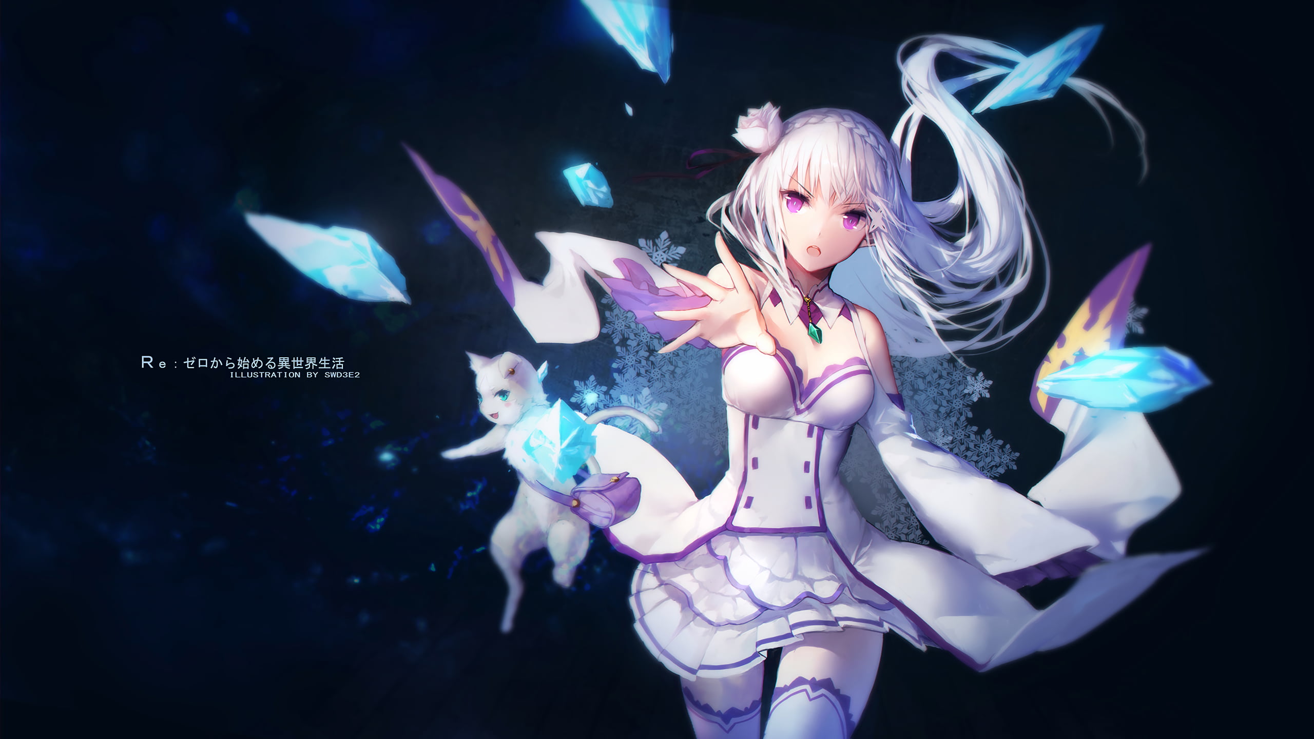 female anime character wallpaper, Re:Zero Kara Hajimeru Isekai Seikatsu, Emilia (Re: Zero), Puck (Re:Zero), thigh-highs