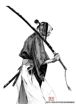 person walking holding katana sketch, artwork, simple background, monochrome, sword HD wallpaper