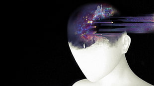 human with gray castle head illustration, glitch art, digital art, black background, head