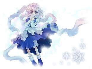 white haired anime character with snowflakes background