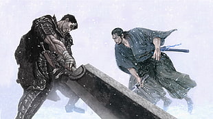illustration of samurai's, musashi, Vagabond, Berserk, Guts