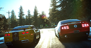 two red and yellow Ford Mustang coupes, The Crew, The Crew Wild Run, road, Chevrolet Camaro HD wallpaper