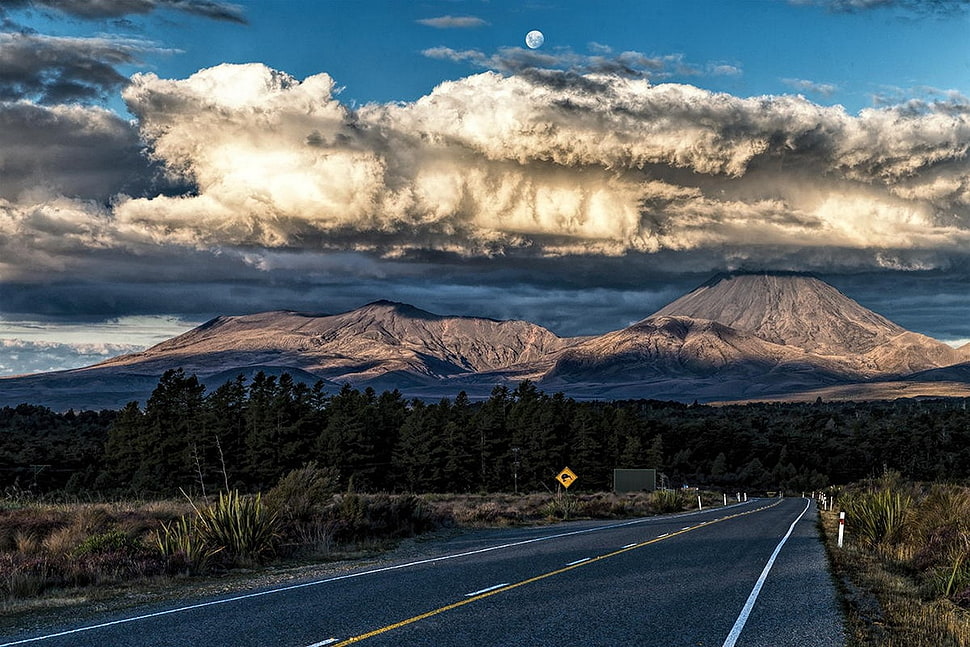 mountain ranges, mountains, volcano, clouds, sunset HD wallpaper