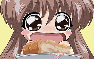 brown hair girl anime character with cake