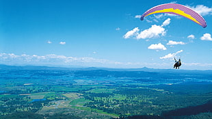 purple and yellow paraglide, sky, skydiver, clouds, landscape
