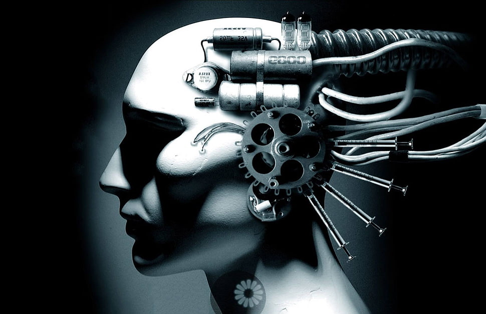 man with machine on head digital wallpaper, people, technology HD wallpaper