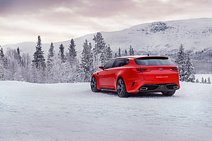 red Hyundai Veloster on snowfield near forest