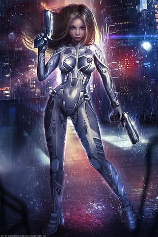 woman robot holding pistol poster HD wallpaper