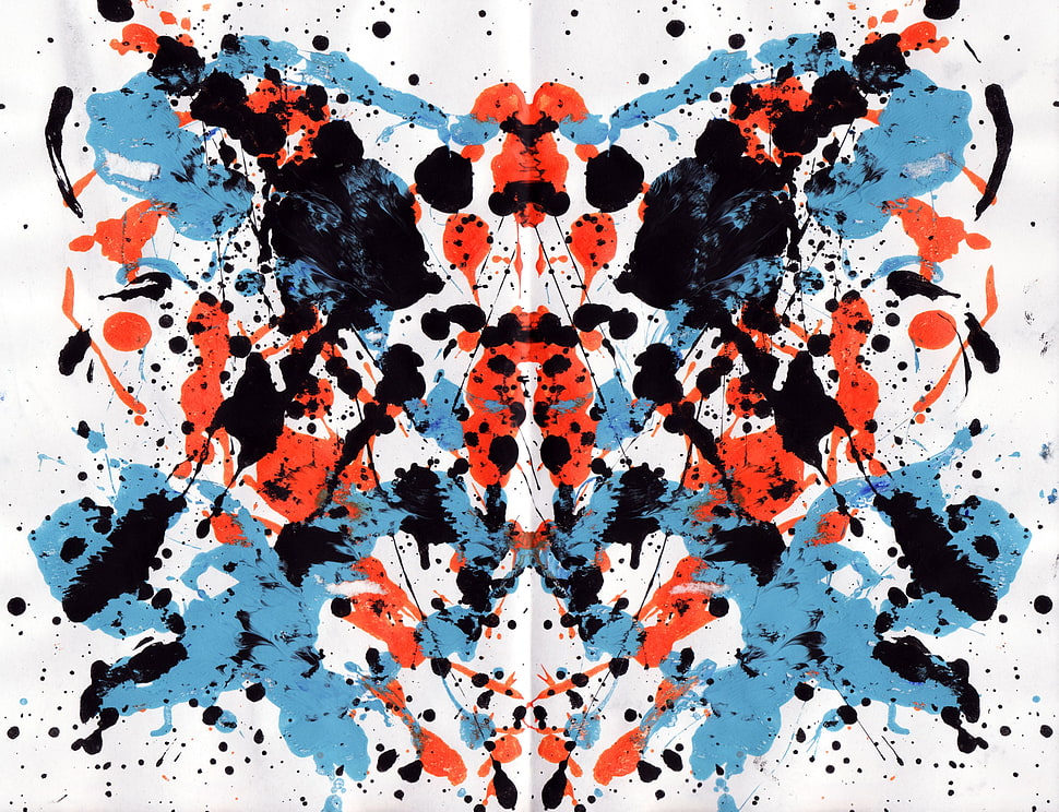 red, blue, and black abstract illustration, ink, paint splatter, symmetry, Rorschach test HD wallpaper