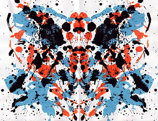 red, blue, and black abstract illustration, ink, paint splatter, symmetry, Rorschach test