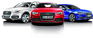 three silver, red, and blue cars
