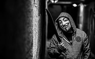gay fawkes mask, Anonymous, monochrome, machete