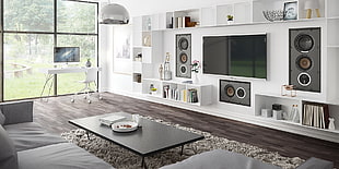white and black wooden kitchen cabinet, home Theater, house, speakers HD wallpaper