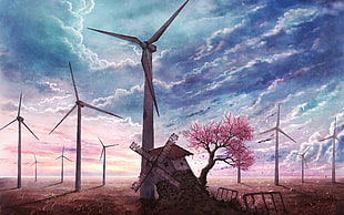 animated illustration of wind mills and house