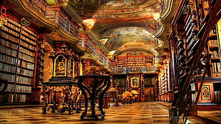 painting of table inside room, library, building, architecture, Prague