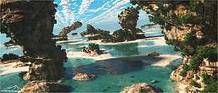 sea stacks, beach, 3D, render, nature HD wallpaper