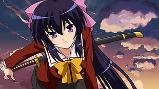 female anime character in school uniform holding katana sword