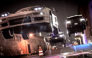 three gray race cars on street game digital wallpaper