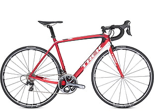 red Trek road bicycle, bicycle, Trek, madone 5.9