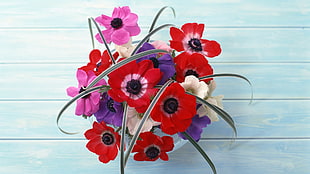 red, white and pink petaled flowers centerpiece