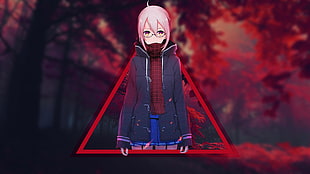 pink haired anime character wallpaper, red, forest